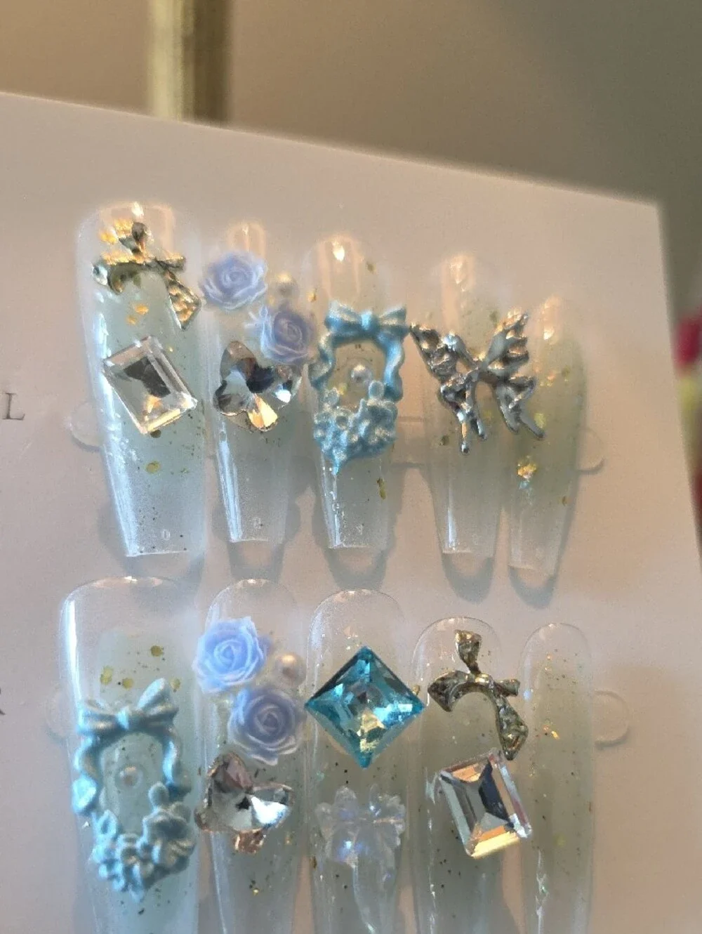 Blue Floral Bow Press-On Nail Set Size Large